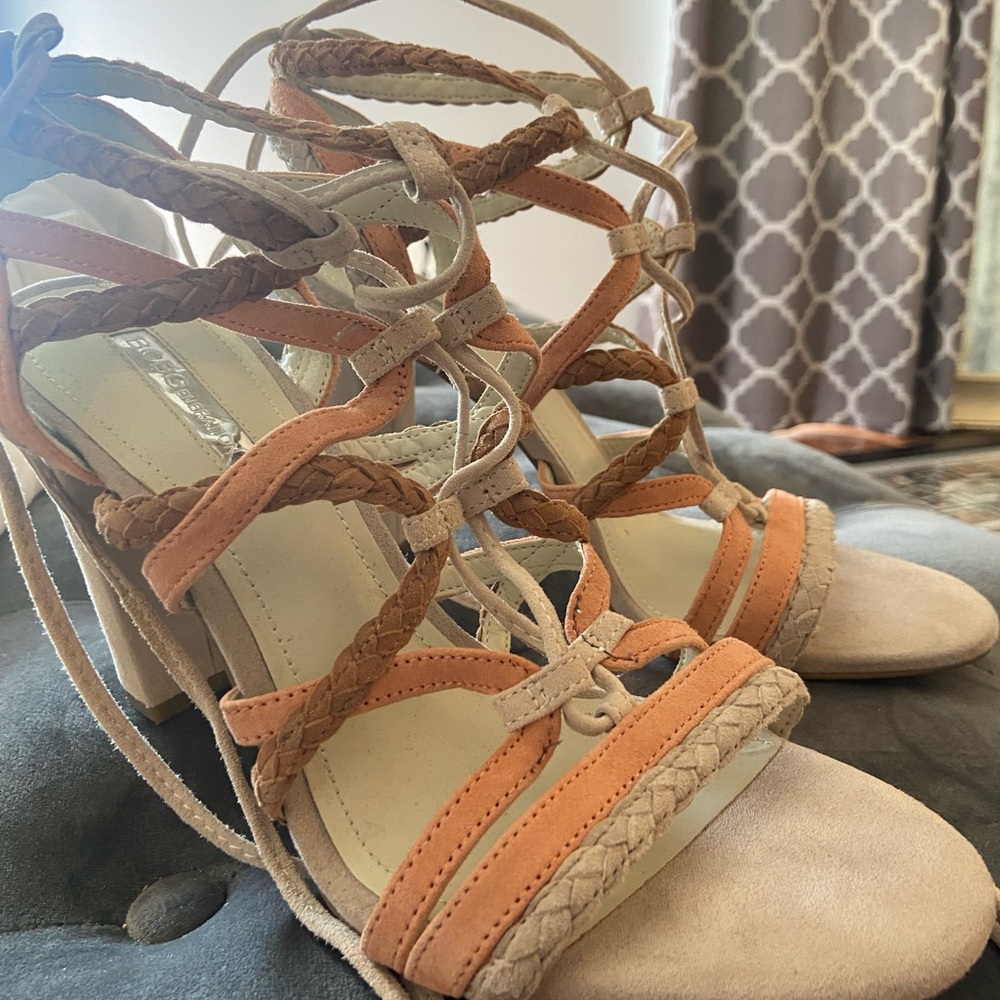 BCBG Beige & Pink Wrap Heels size 9